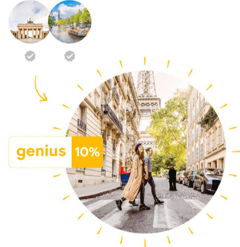 Booking Com Genius Loyalty Program Travel Rewards Discounts - two genius members exploring paris with the eiffel tower in the background
