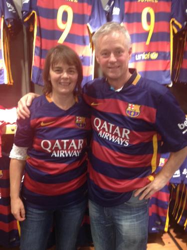 Sue and John Sayers (in Barcelona modelling Barcelona FC football shirts1)